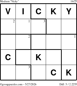 The grouppuzzles.com Medium Vicky puzzle for Wednesday May 27, 2026 with the first 3 steps marked