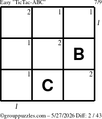 The grouppuzzles.com Easy TicTac-ABC puzzle for Wednesday May 27, 2026, suitable for printing, with all 2 steps marked