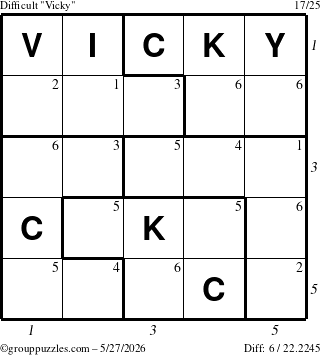 The grouppuzzles.com Difficult Vicky puzzle for Wednesday May 27, 2026, suitable for printing, with all 6 steps marked