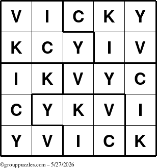 The grouppuzzles.com Answer grid for the Vicky puzzle for Wednesday May 27, 2026