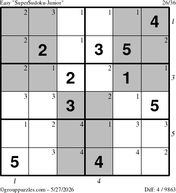 The grouppuzzles.com Easy SuperSudoku-Junior puzzle for Wednesday May 27, 2026, suitable for printing, with all 4 steps marked