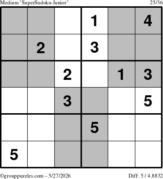 The grouppuzzles.com Medium SuperSudoku-Junior puzzle for Wednesday May 27, 2026
