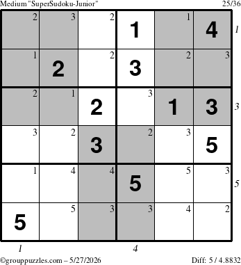 The grouppuzzles.com Medium SuperSudoku-Junior puzzle for Wednesday May 27, 2026 with all 5 steps marked