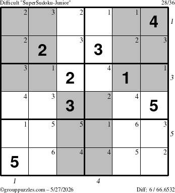 The grouppuzzles.com Difficult SuperSudoku-Junior puzzle for Wednesday May 27, 2026, suitable for printing, with all 6 steps marked