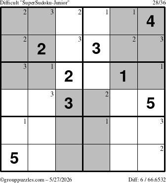 The grouppuzzles.com Difficult SuperSudoku-Junior puzzle for Wednesday May 27, 2026 with the first 3 steps marked