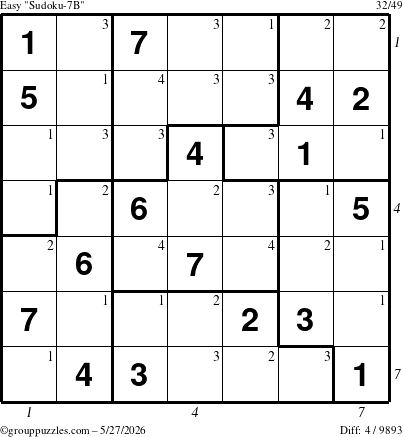 The grouppuzzles.com Easy Sudoku-7B puzzle for Wednesday May 27, 2026, suitable for printing, with all 4 steps marked