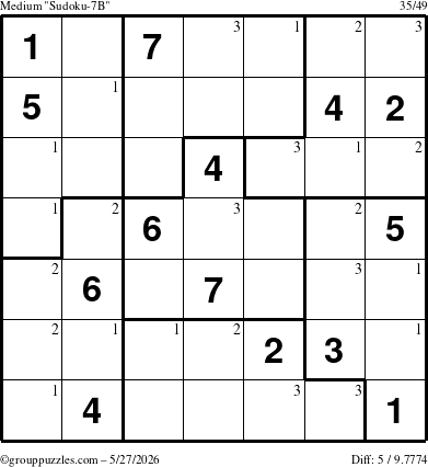 The grouppuzzles.com Medium Sudoku-7B puzzle for Wednesday May 27, 2026 with the first 3 steps marked