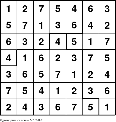 The grouppuzzles.com Answer grid for the Sudoku-7B puzzle for Wednesday May 27, 2026