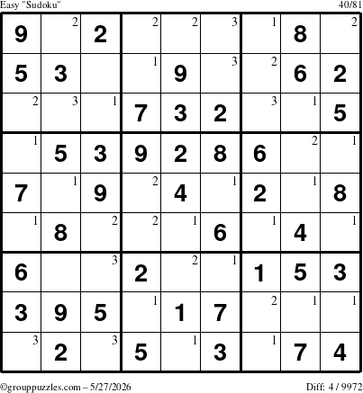 The grouppuzzles.com Easy Sudoku puzzle for Wednesday May 27, 2026 with the first 3 steps marked