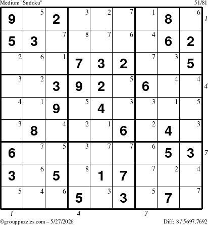 The grouppuzzles.com Medium Sudoku puzzle for Wednesday May 27, 2026 with all 8 steps marked