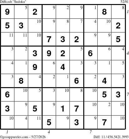 The grouppuzzles.com Difficult Sudoku puzzle for Wednesday May 27, 2026, suitable for printing, with all 11 steps marked