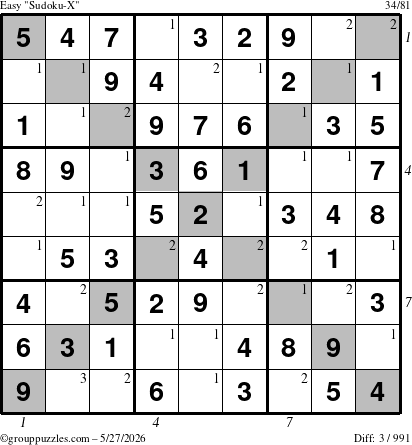 The grouppuzzles.com Easy Sudoku-X puzzle for Wednesday May 27, 2026, suitable for printing, with all 3 steps marked
