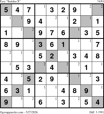 The grouppuzzles.com Easy Sudoku-X puzzle for Wednesday May 27, 2026 with the first 3 steps marked