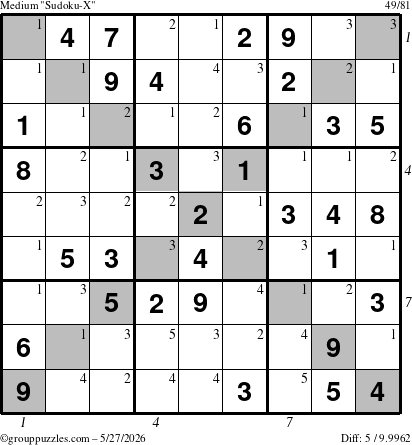 The grouppuzzles.com Medium Sudoku-X puzzle for Wednesday May 27, 2026, suitable for printing, with all 5 steps marked