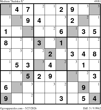The grouppuzzles.com Medium Sudoku-X puzzle for Wednesday May 27, 2026 with the first 3 steps marked