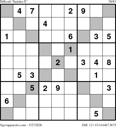 The grouppuzzles.com Difficult Sudoku-X puzzle for Wednesday May 27, 2026