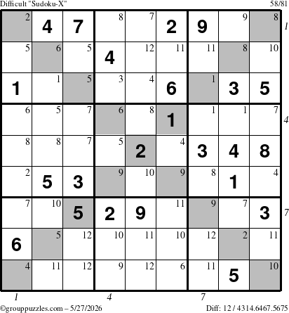 The grouppuzzles.com Difficult Sudoku-X puzzle for Wednesday May 27, 2026, suitable for printing, with all 12 steps marked