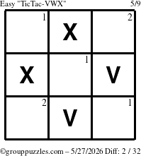 The grouppuzzles.com Easy TicTac-VWX puzzle for Wednesday May 27, 2026 with the first 2 steps marked