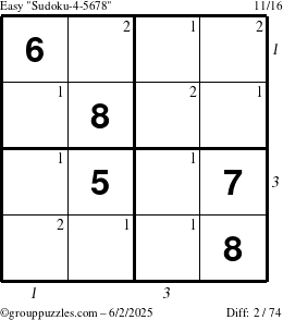 The grouppuzzles.com Easy Sudoku-4-5678 puzzle for Monday June 2, 2025 with all 2 steps marked