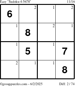 The grouppuzzles.com Easy Sudoku-4-5678 puzzle for Monday June 2, 2025 with the first 2 steps marked