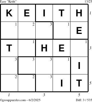 The grouppuzzles.com Easy Keith puzzle for Monday June 2, 2025 with all 3 steps marked