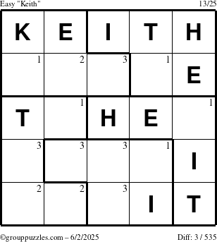 The grouppuzzles.com Easy Keith puzzle for Monday June 2, 2025 with the first 3 steps marked