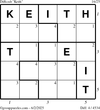 The grouppuzzles.com Difficult Keith puzzle for Monday June 2, 2025, suitable for printing, with all 4 steps marked