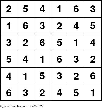 The grouppuzzles.com Answer grid for the Sudoku-Junior puzzle for Monday June 2, 2025