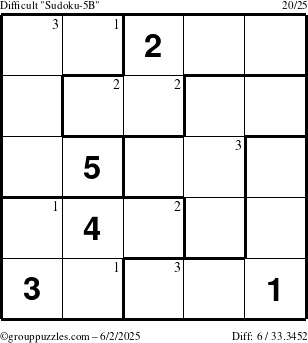 The grouppuzzles.com Difficult Sudoku-5B puzzle for Monday June 2, 2025 with the first 3 steps marked