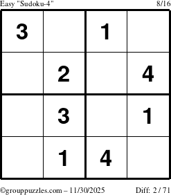 The grouppuzzles.com Easy Sudoku-4 puzzle for Sunday November 30, 2025