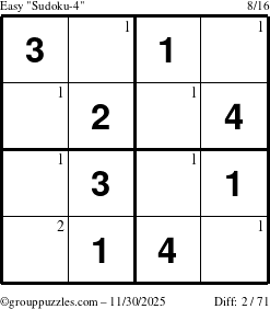 The grouppuzzles.com Easy Sudoku-4 puzzle for Sunday November 30, 2025 with the first 2 steps marked