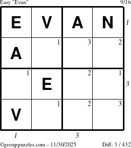The grouppuzzles.com Easy Evan puzzle for Sunday November 30, 2025, suitable for printing, with all 3 steps marked