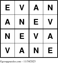 The grouppuzzles.com Answer grid for the Evan puzzle for Sunday November 30, 2025