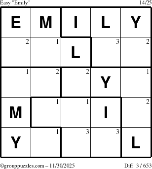 The grouppuzzles.com Easy Emily puzzle for Sunday November 30, 2025 with the first 3 steps marked
