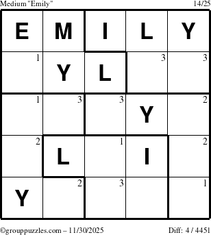 The grouppuzzles.com Medium Emily puzzle for Sunday November 30, 2025 with the first 3 steps marked