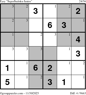 The grouppuzzles.com Easy SuperSudoku-Junior puzzle for Sunday November 30, 2025 with the first 3 steps marked