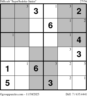 The grouppuzzles.com Difficult SuperSudoku-Junior puzzle for Sunday November 30, 2025 with the first 3 steps marked