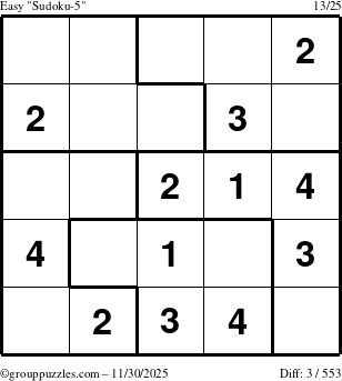 The grouppuzzles.com Easy Sudoku-5 puzzle for Sunday November 30, 2025