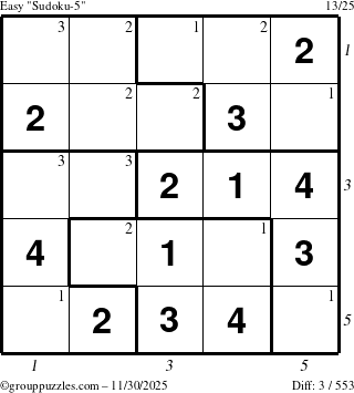 The grouppuzzles.com Easy Sudoku-5 puzzle for Sunday November 30, 2025, suitable for printing, with all 3 steps marked