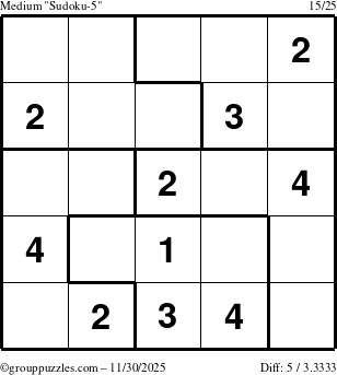 The grouppuzzles.com Medium Sudoku-5 puzzle for Sunday November 30, 2025