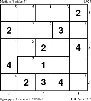 The grouppuzzles.com Medium Sudoku-5 puzzle for Sunday November 30, 2025 with all 5 steps marked