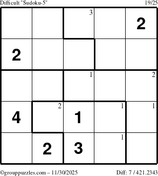 The grouppuzzles.com Difficult Sudoku-5 puzzle for Sunday November 30, 2025 with the first 3 steps marked