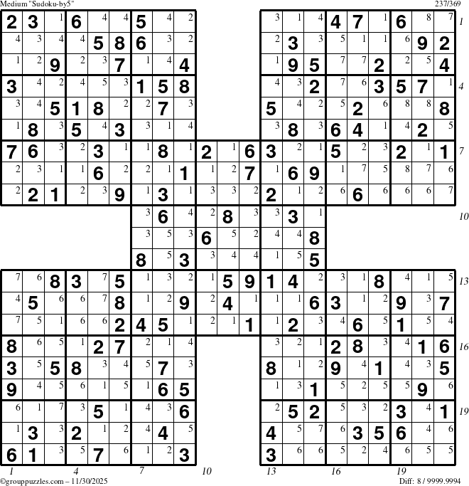 The grouppuzzles.com Medium Sudoku-by5 puzzle for Sunday November 30, 2025, suitable for printing, with all 8 steps marked