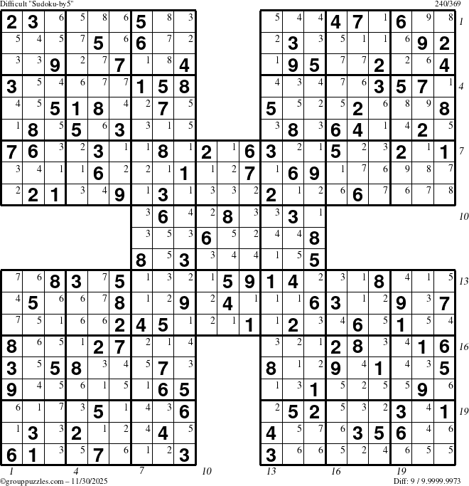 The grouppuzzles.com Difficult Sudoku-by5 puzzle for Sunday November 30, 2025 with all 9 steps marked