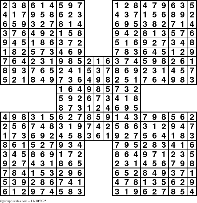 The grouppuzzles.com Answer grid for the Sudoku-by5 puzzle for Sunday November 30, 2025