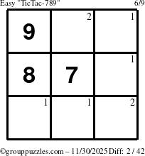 The grouppuzzles.com Easy TicTac-789 puzzle for Sunday November 30, 2025 with the first 2 steps marked