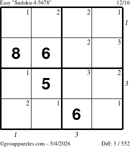 The grouppuzzles.com Easy Sudoku-4-5678 puzzle for Monday May 4, 2026, suitable for printing, with all 3 steps marked