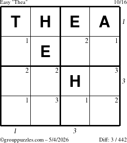 The grouppuzzles.com Easy Thea puzzle for Monday May 4, 2026 with all 3 steps marked