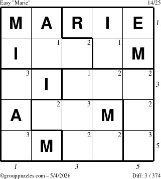The grouppuzzles.com Easy Marie puzzle for Monday May 4, 2026, suitable for printing, with all 3 steps marked