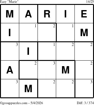 The grouppuzzles.com Easy Marie puzzle for Monday May 4, 2026 with the first 3 steps marked
